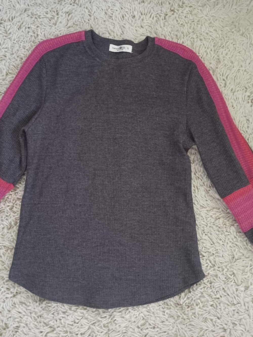 Natural Life Rib Knit Thermal Top Gray Pink Colorblock Long Sleeve Women's L